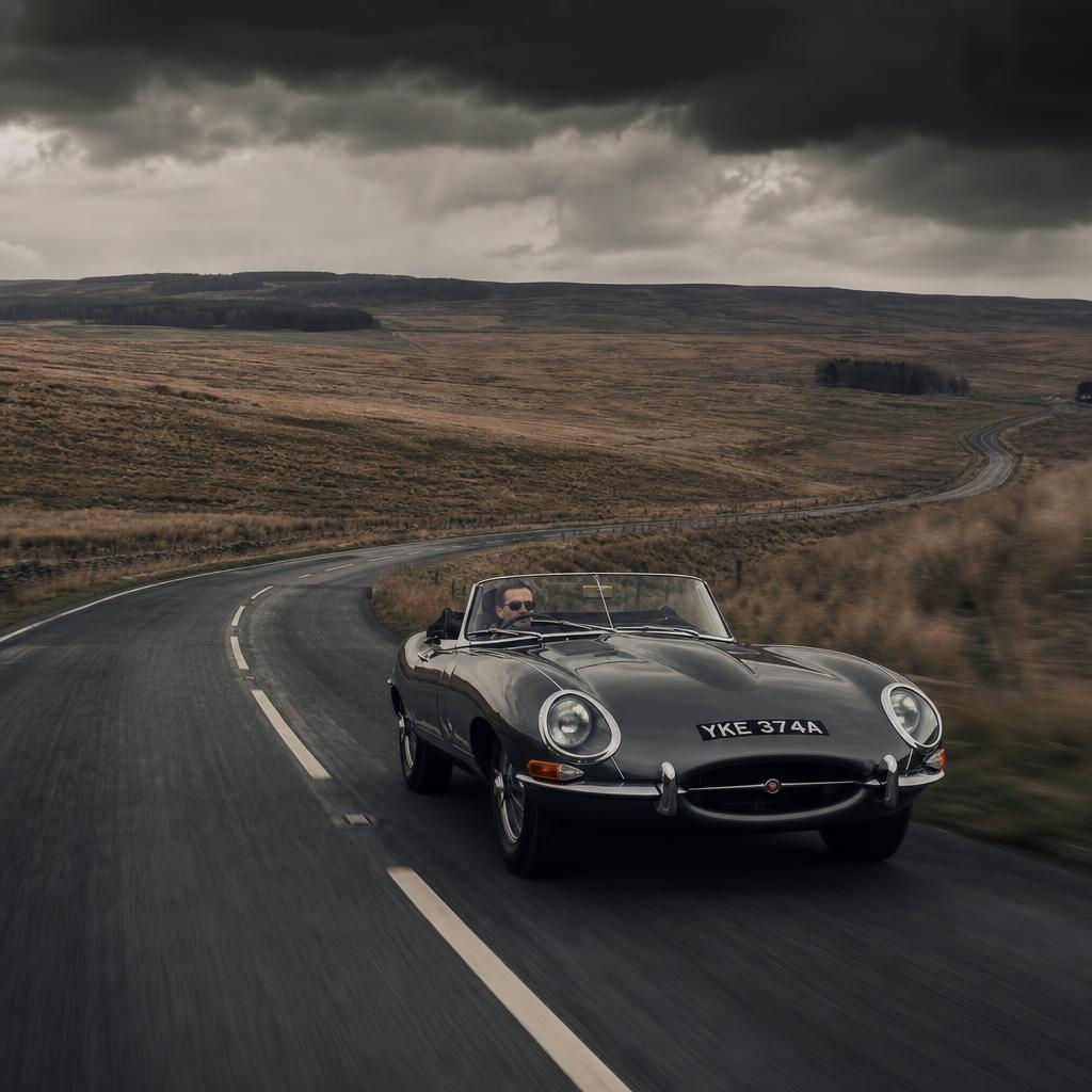Jaguar E-Type driving through Northumberland